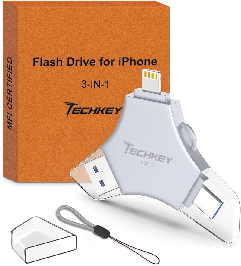TECHKEY USB 3.0 Flash Drive for iPhone 256GB: MFi Certified 3in1 External Memory Photo Keeper Storage Stick for Picture/Video/Data Saver/Backup High Speed Thumb/Jump/Hard Drive for iPad/Android/PC -Grey - Image 1
